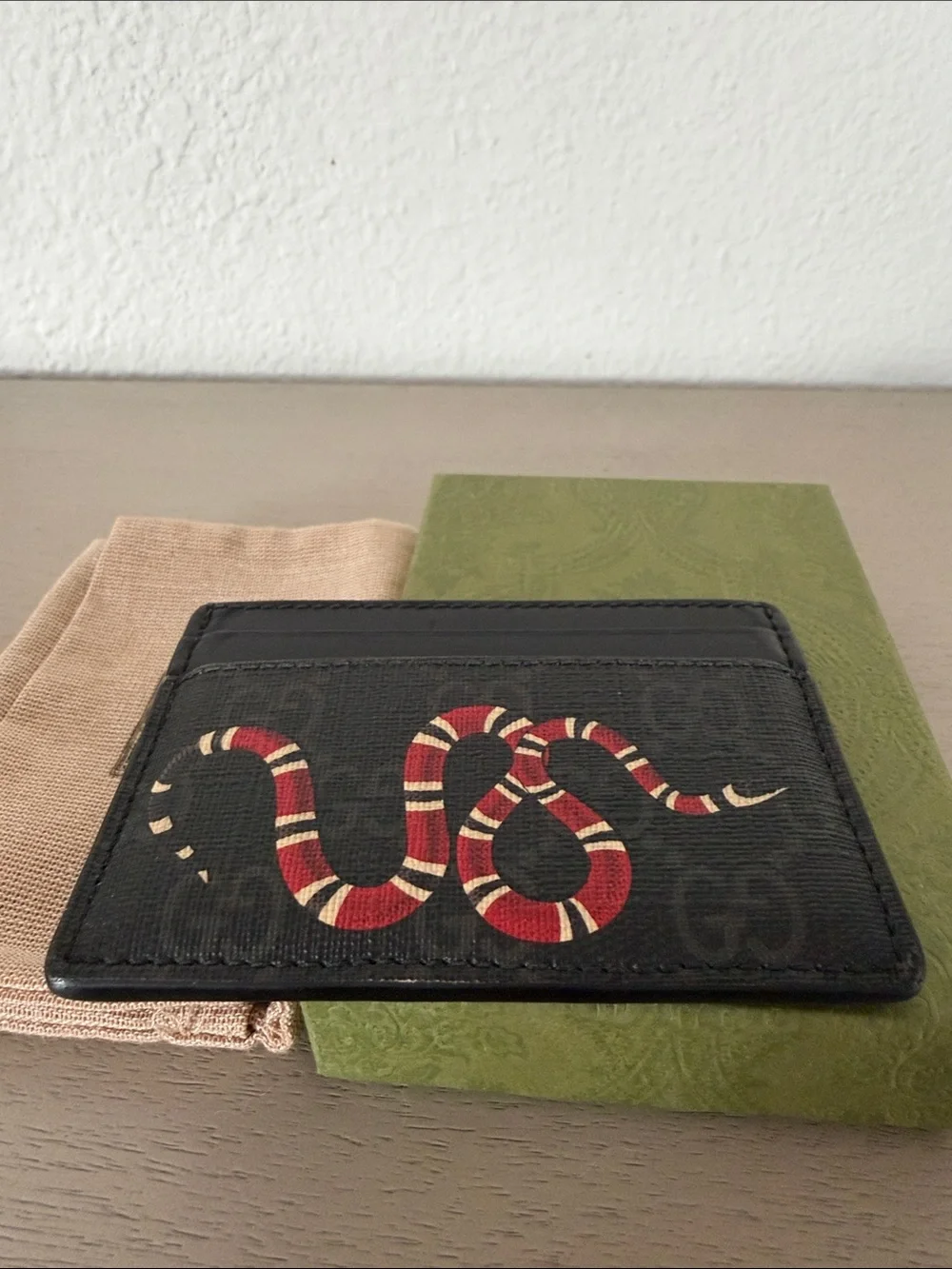 Gucci Black Leather Card Holder with Red & White Snake Motif